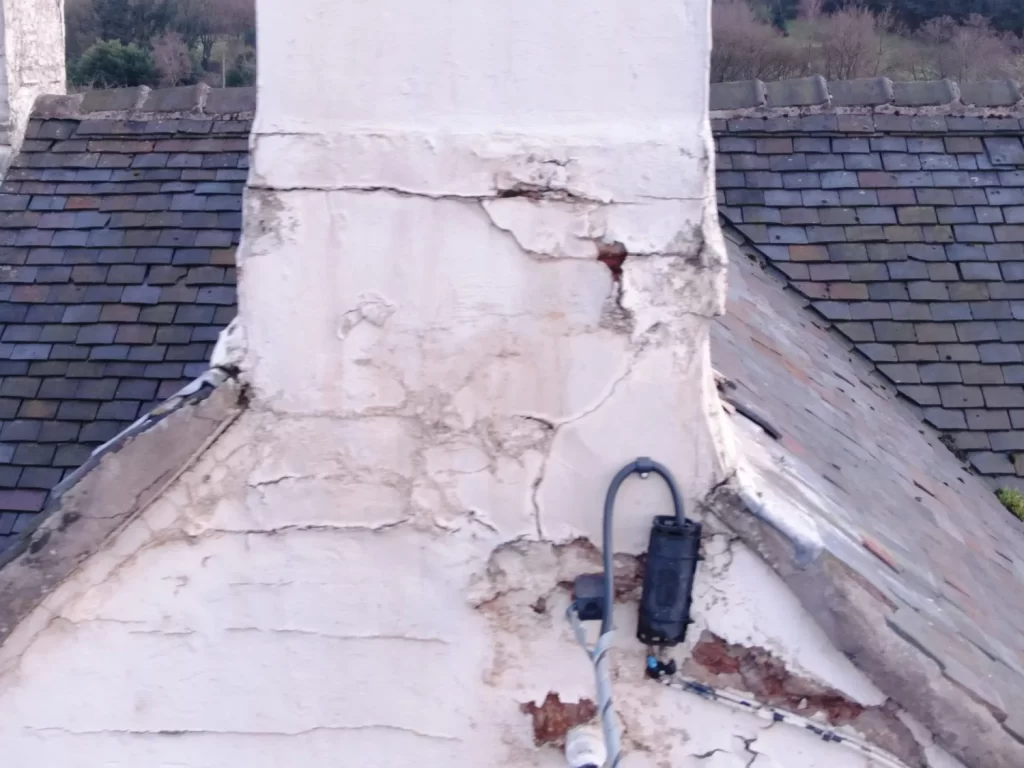 Decaying chimney inspection with a drone.