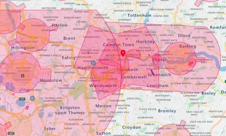 Airspace map showing drone flight restriction zones across central London and surrounding boroughs