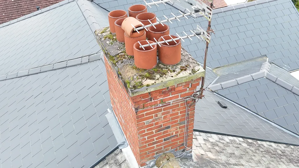 Drone chimney survey in Blackpool: clay pots and an aerial on a brick chimney stack