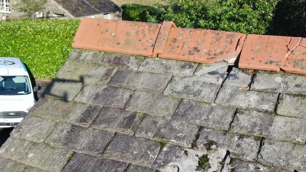 Drone roof survey in Blackpool: cracked ridge tiles on a slate roof