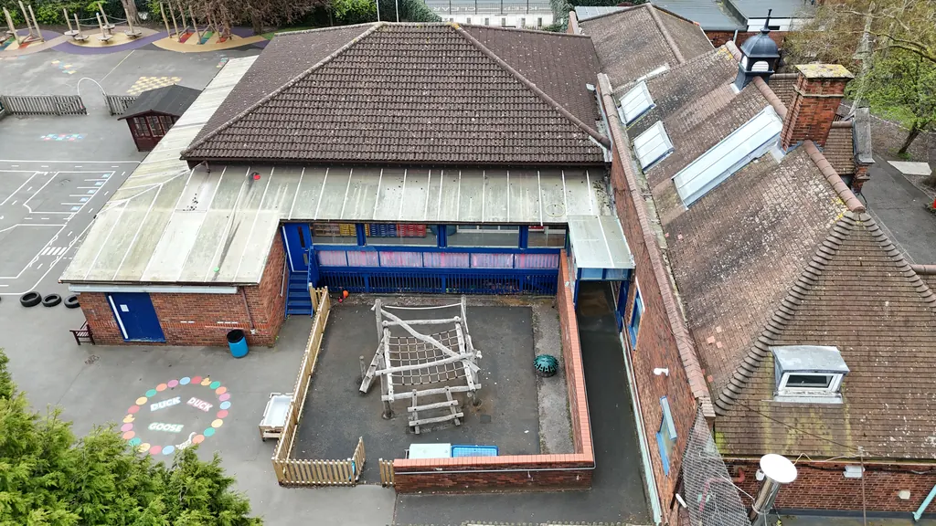 Drone school inspection in Brighton: school roof above a covered play area