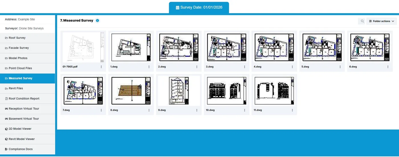 Measured survey folder in the portal showing PDF and DWG drawing files