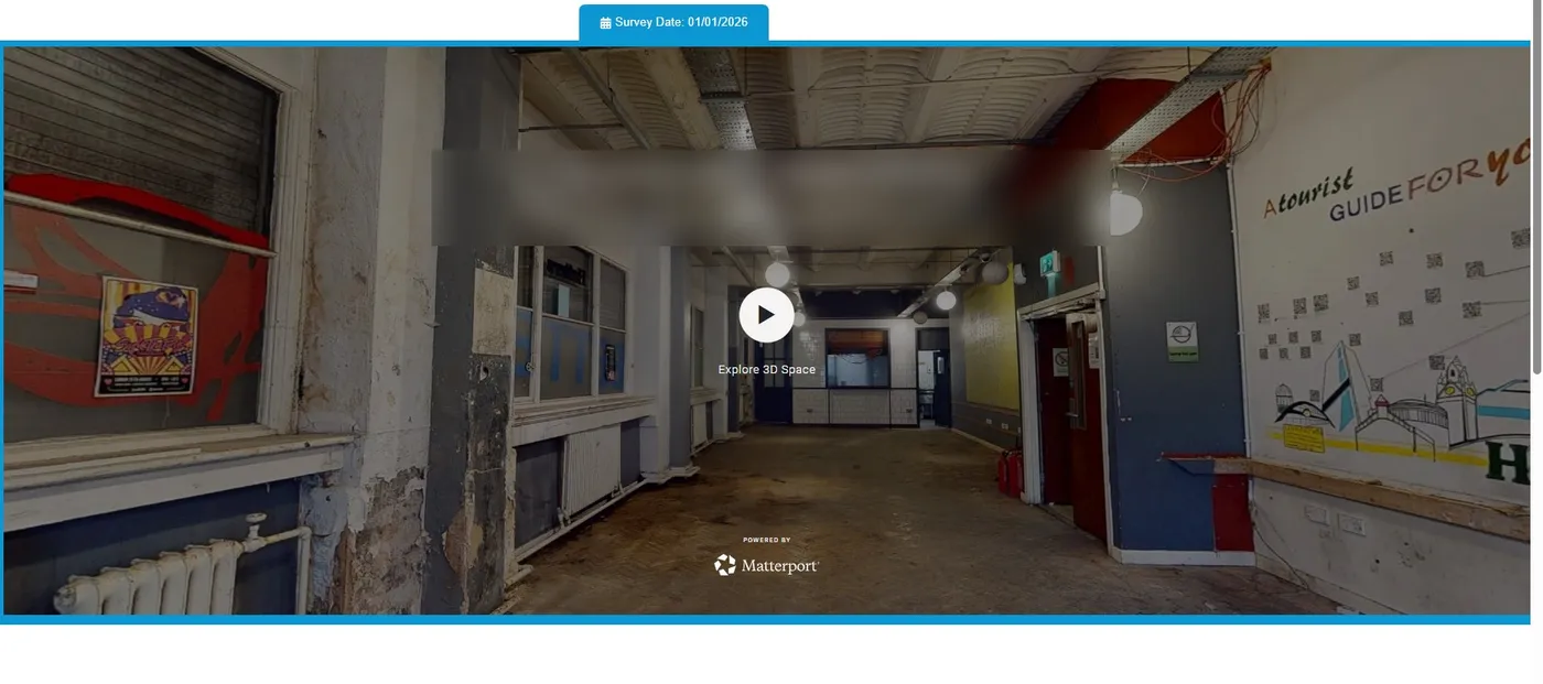 Matterport 3D tour start screen showing a ground floor corridor