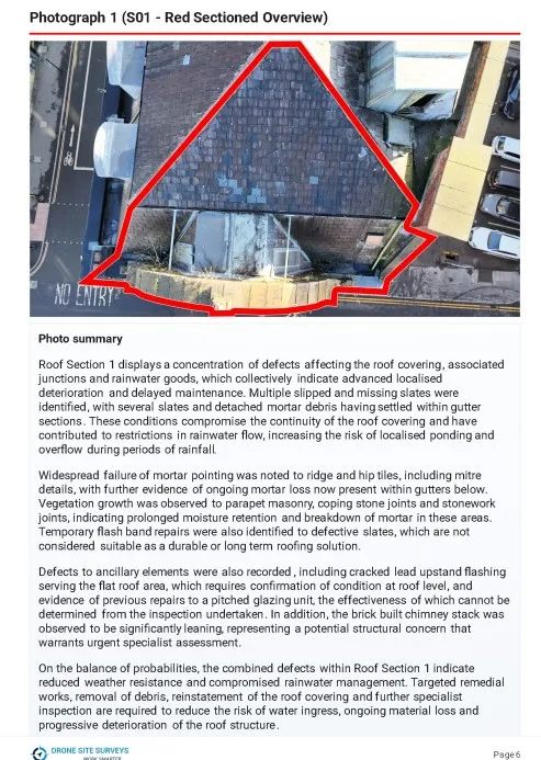 Report page showing roof section S01 outlined in red with a written summary