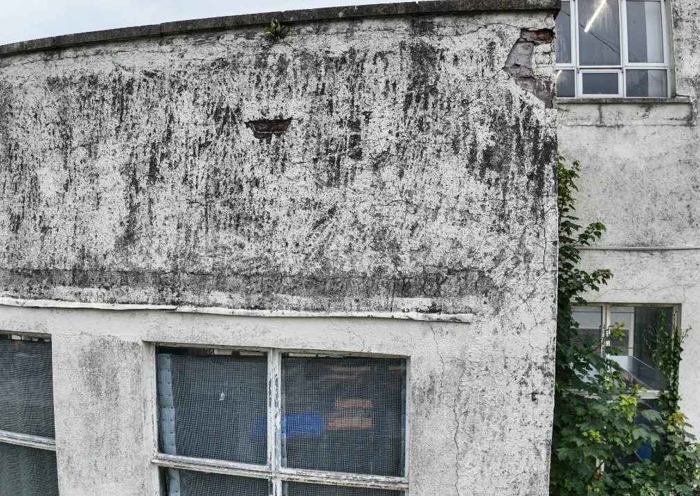Close-up of weathered render and window on the school façade