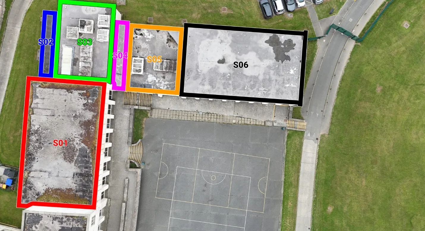 Aerial view of the school roof divided into colour-coded sections S01 to S06