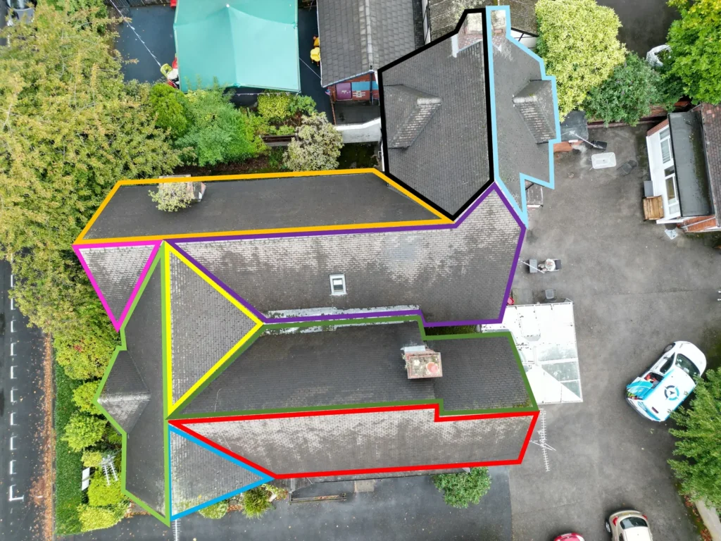 Overhead drone view of a detached house roof split into colour-coded areas