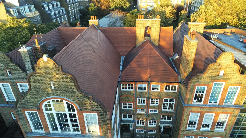 Drone school inspection in London: Victorian school building with ornate gables